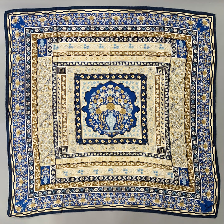 FENDI Blue Beige Abstract Floral Silk Square Scarf