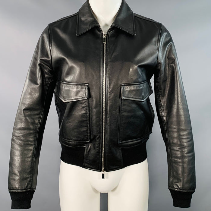 Blouson bomber DIOR HOMME en cuir noir, taille M, deux poches