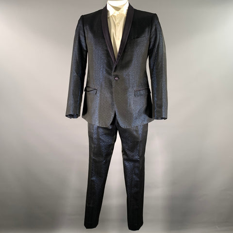 DOLCE & GABBANA Size 44 Navy Black Shimmer Jacquard Acetate Blend Shawl Lapel Tuxedo