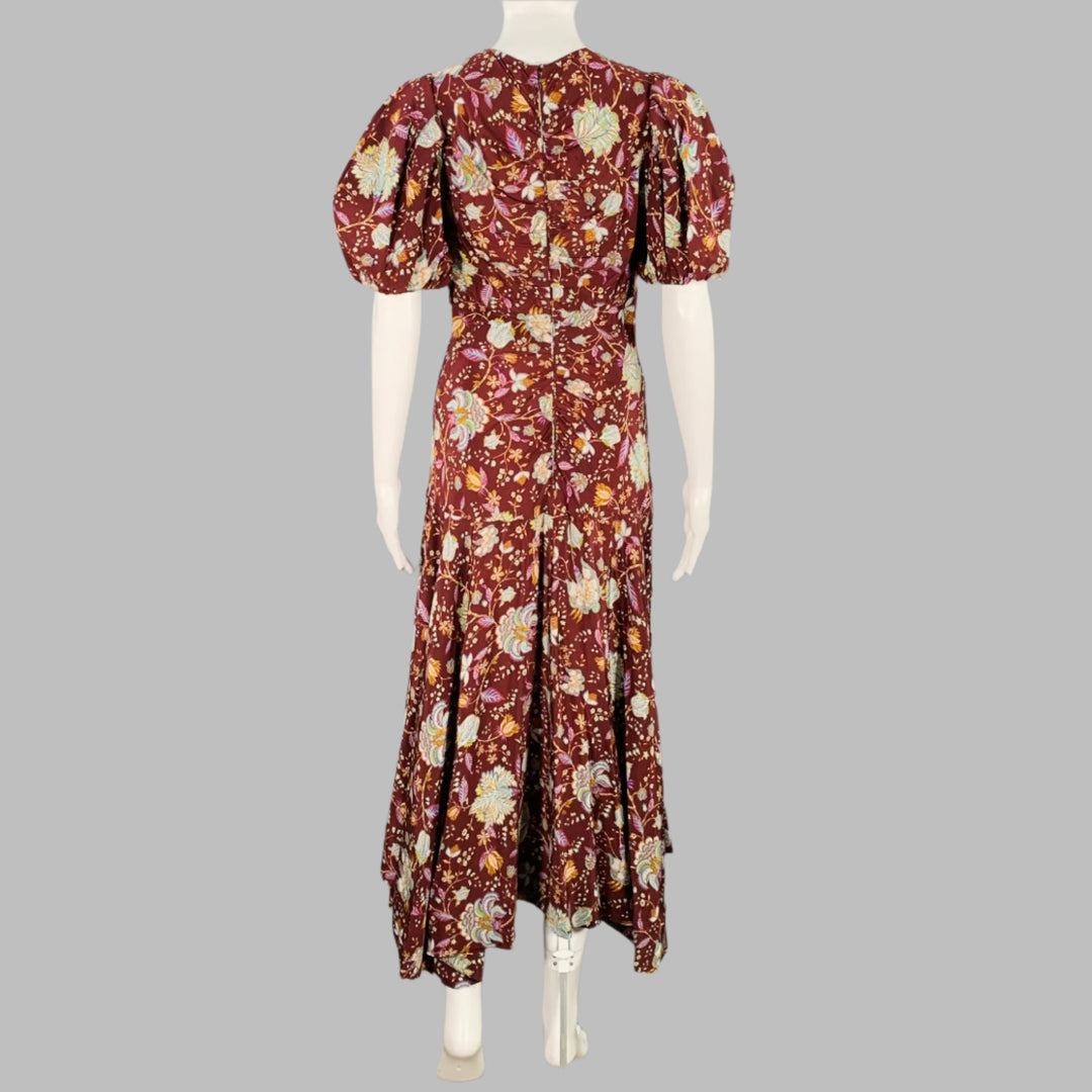 ULLA JOHNSON Size 4 Heleen Burgundy Multi Color Silk Floral Short Sleeve Dress