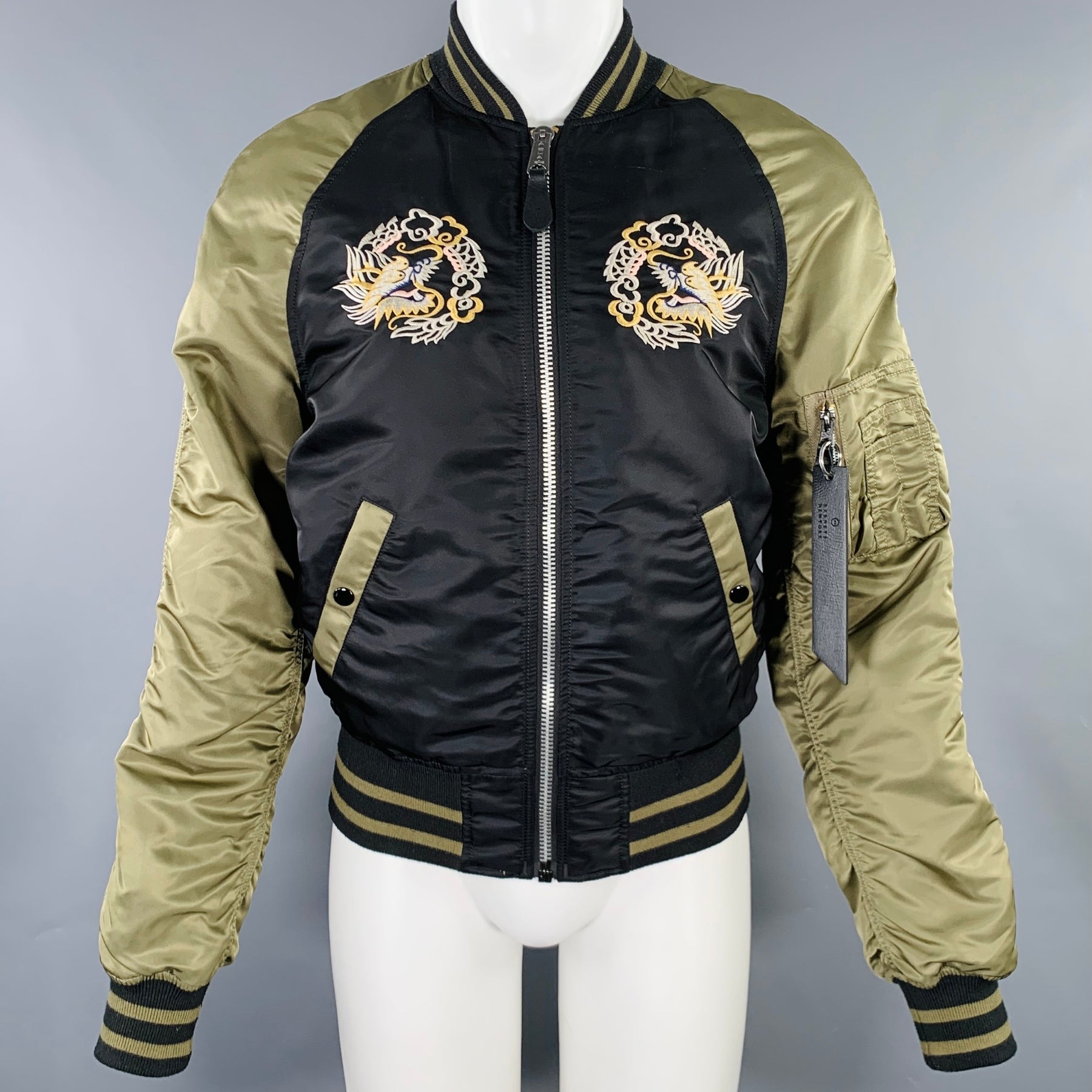 ALPHA INDUSTRIES Size S Black Olive Embroidery Nylon Bomber Jacket