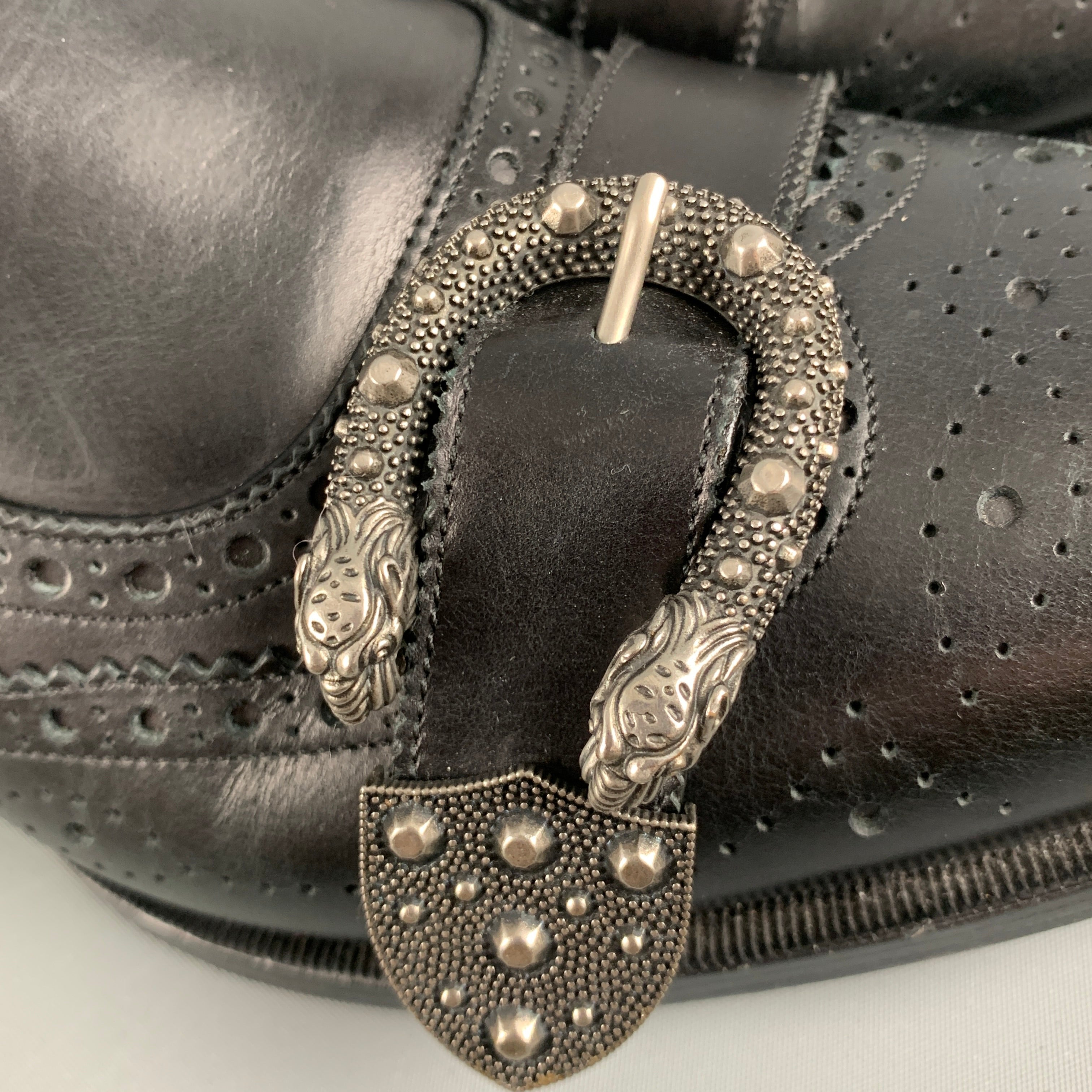 GUCCI Size 11.5 Black Wingtip Leather Double Monk Strap Loafers
