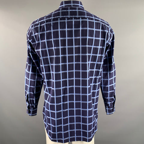 ETRO Size XL Navy Blue Plaid Cotton Spread Collar Long Sleeve Shirt