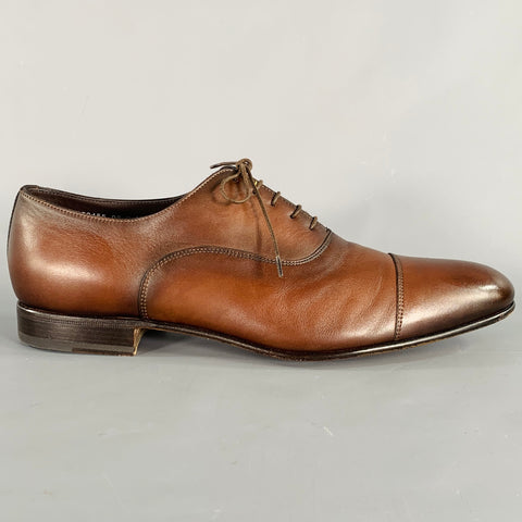 SANTONI Size 11 Darian Brown Leather Cap Toe Oxford Lace-Up Shoes