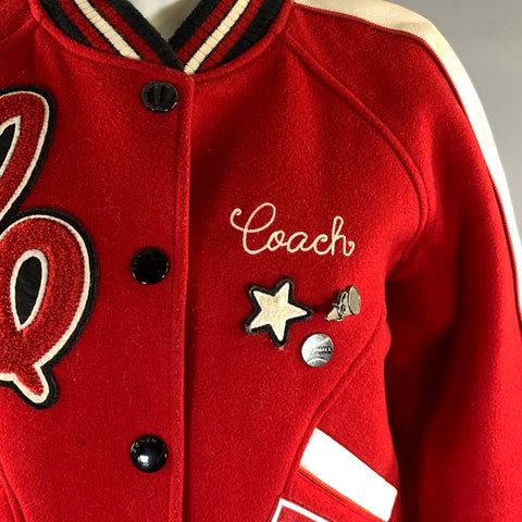 COACH Size S Red White Wool Nylon F20496 Patches Varsity Jacket