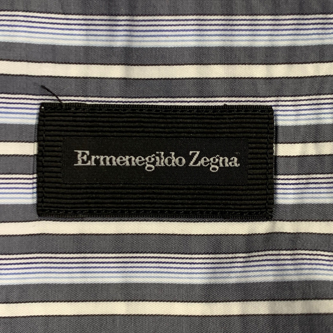 ERMENEGILDO ZEGNA Size XXL Blue Grey Stripe Cotton Long Sleeve Shirt