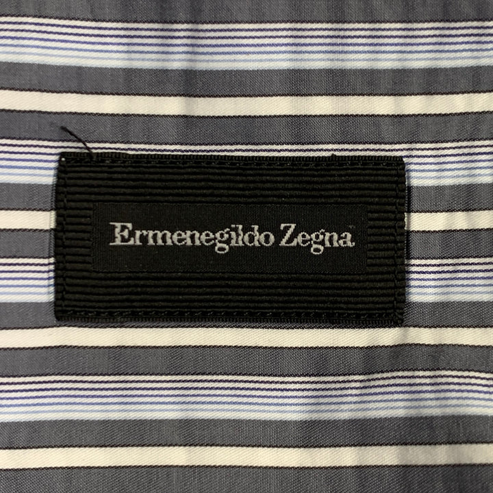 ERMENEGILDO ZEGNA Size XXL Blue Grey Stripe Cotton Long Sleeve Shirt
