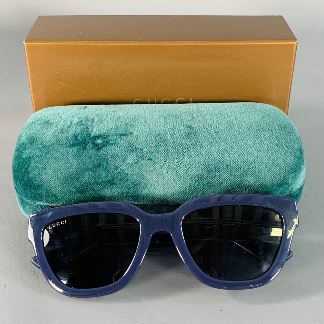 GUCCI Blue Gold Monogram Acetate Square Sunglasses