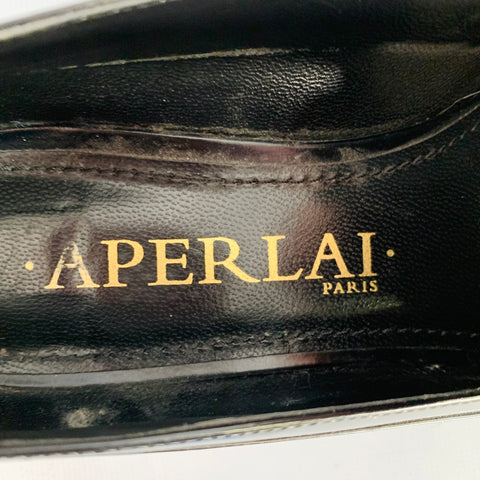 APERLAI Size 7.5 Black Silver Studded Patent Leather Fringed Moccasin Flats