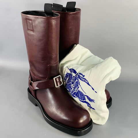 BURBERRY Size 9.5 Burgundy Leather Calf High Pull On Harness Boots