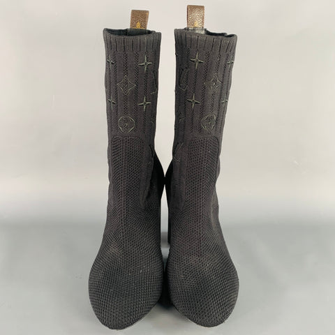 LOUIS VUITTON Size 9 Black Nylon Knit Monogram Chunky Heel Sock Boots