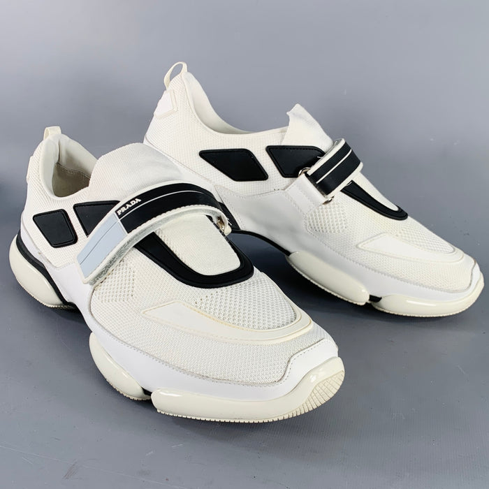 PRADA Size 9.5 White Black Mesh Rubber Hook Loop Sneakers