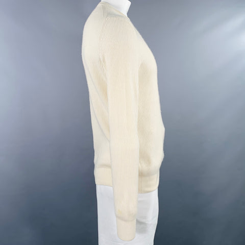 LORO PIANA Size L Cream Ribbed Cashmere Crew Neck Pullover