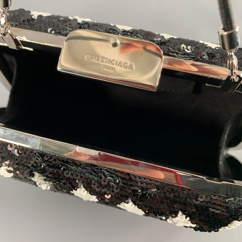 BALENCIAGA Black White Sequined Evening Handbag