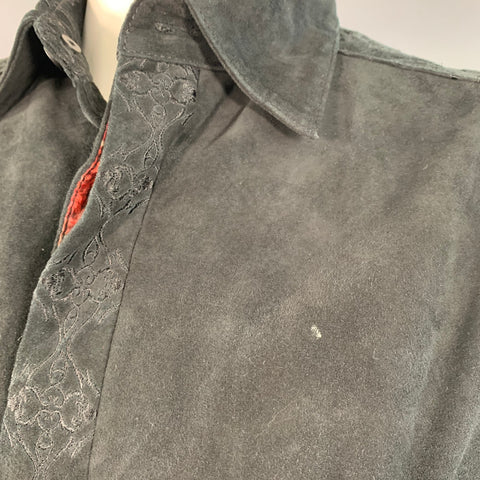 Chemise ROBERT GRAHAM taille L noire, broderie, daim, bordures contrastées, manches longues