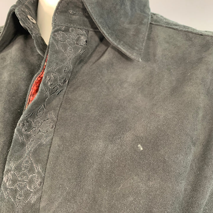 ROBERT GRAHAM Size L Black Embroidery Suede Contrast Trim Long Sleeve Shirt