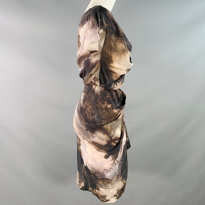 ALLSAINTS Size 2 Brown Beige Silk Tapestry Drapey V-Neck Midi Dress