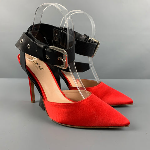 MONSE MARIELA MONTIEL Talla 8 Zapatos de tacón con cinturón y ribete de cuero liso de seda rojo y negro