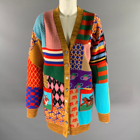GUCCI Size XL Camel Wool Blend Patchwork Cardigan