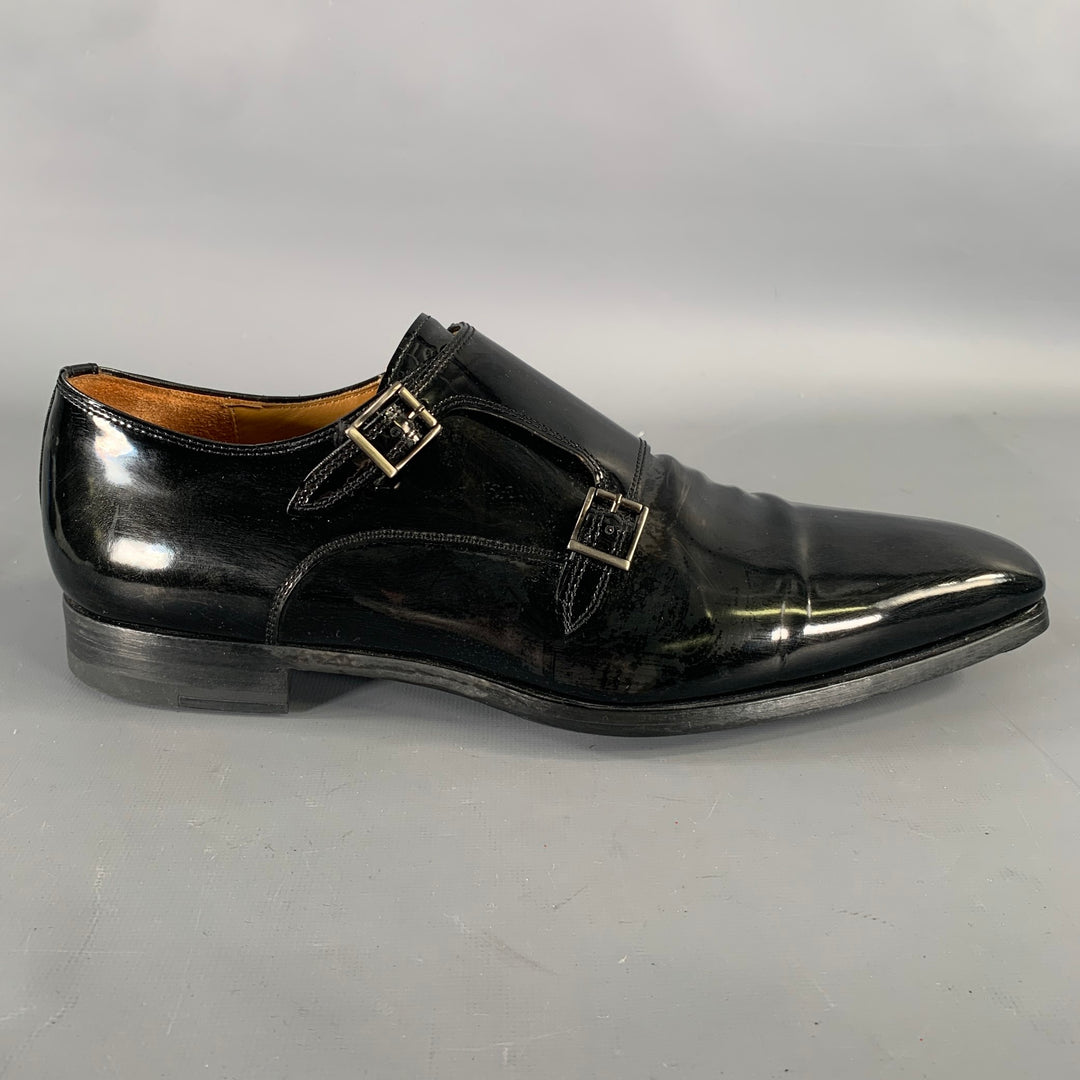 MAGNANNI Size 10 Black Shimmery Patent Leather Monk Strap Loafers