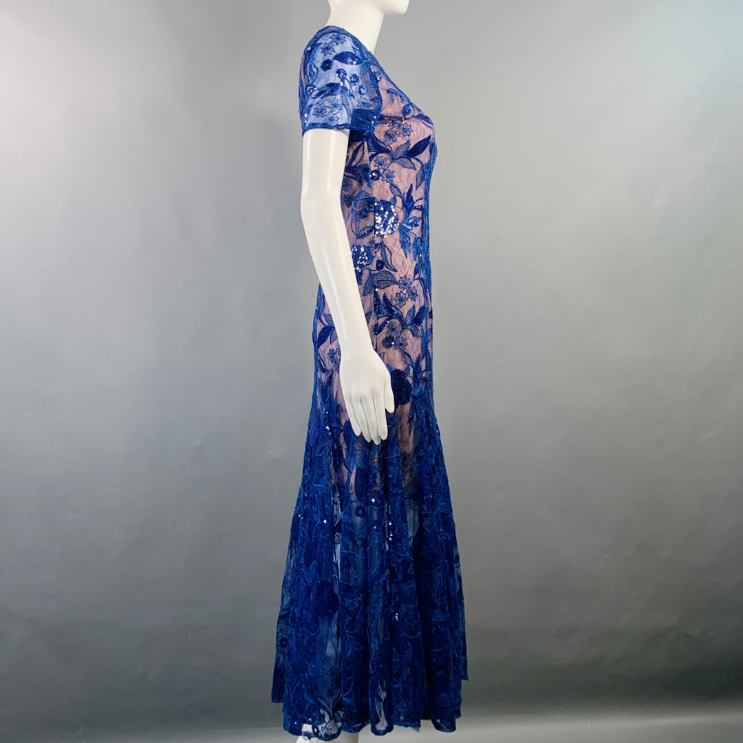 COSTARELLOS Size 4 Blue Nude Lace Sequined Short Sleeve Midi Cocktail Dress