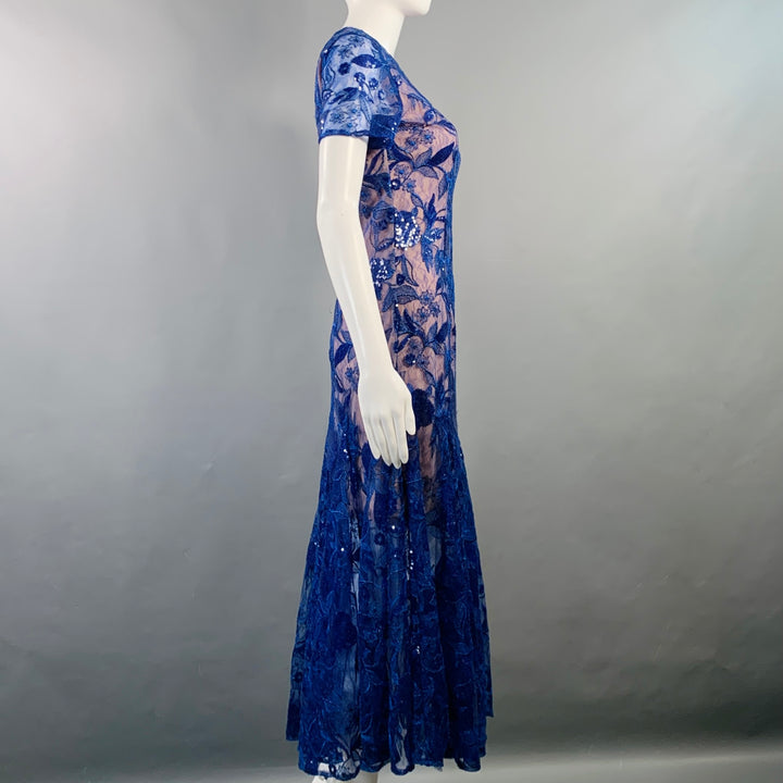 COSTARELLOS Size 4 Blue Nude Lace Sequined Short Sleeve Midi Cocktail Dress