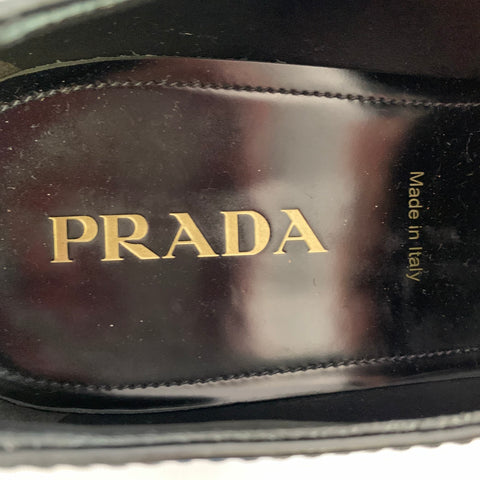 PRADA Size 12 Black Silver Logo Leather Split Toe Slip On Loafers