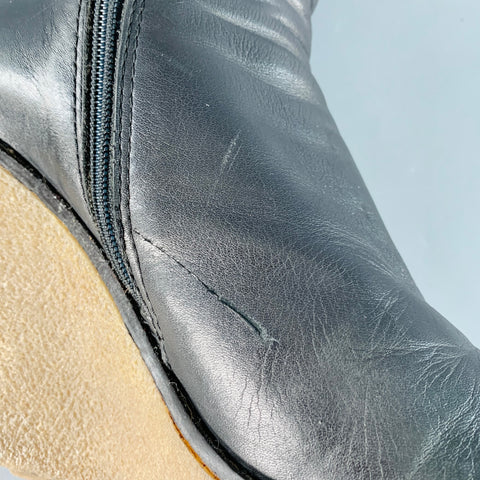 MONCLER Size 10 Black Brown Leather Knee High Crepe Sole Wedge Boots
