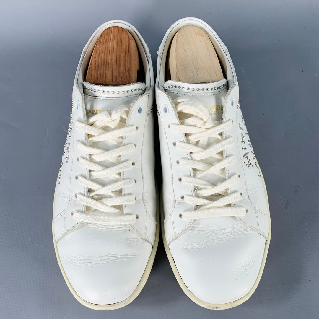 SAINT LAURENT Size 7 White Silver Leather Studded Low Top Sneakers