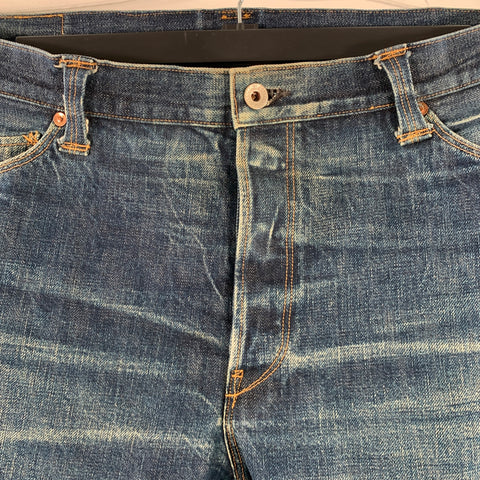 STEVENSON OVERALL CO. Size 38 Blue Distressed Cotton Selvedge Japanese Denim Button Fly Jeans