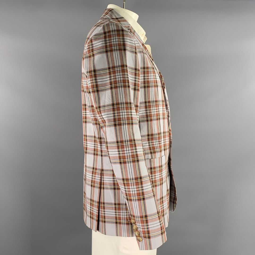MR TURK Chest Size 42 Grey Brown Plaid Cotton Notch Lapel Sport Coat