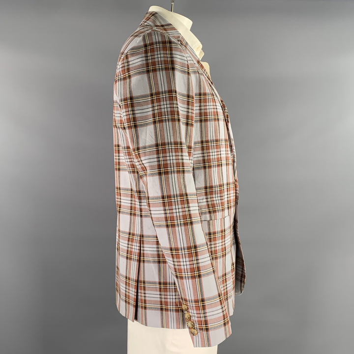 MR TURK Chest Size 42 Grey Brown Plaid Cotton Notch Lapel Sport Coat