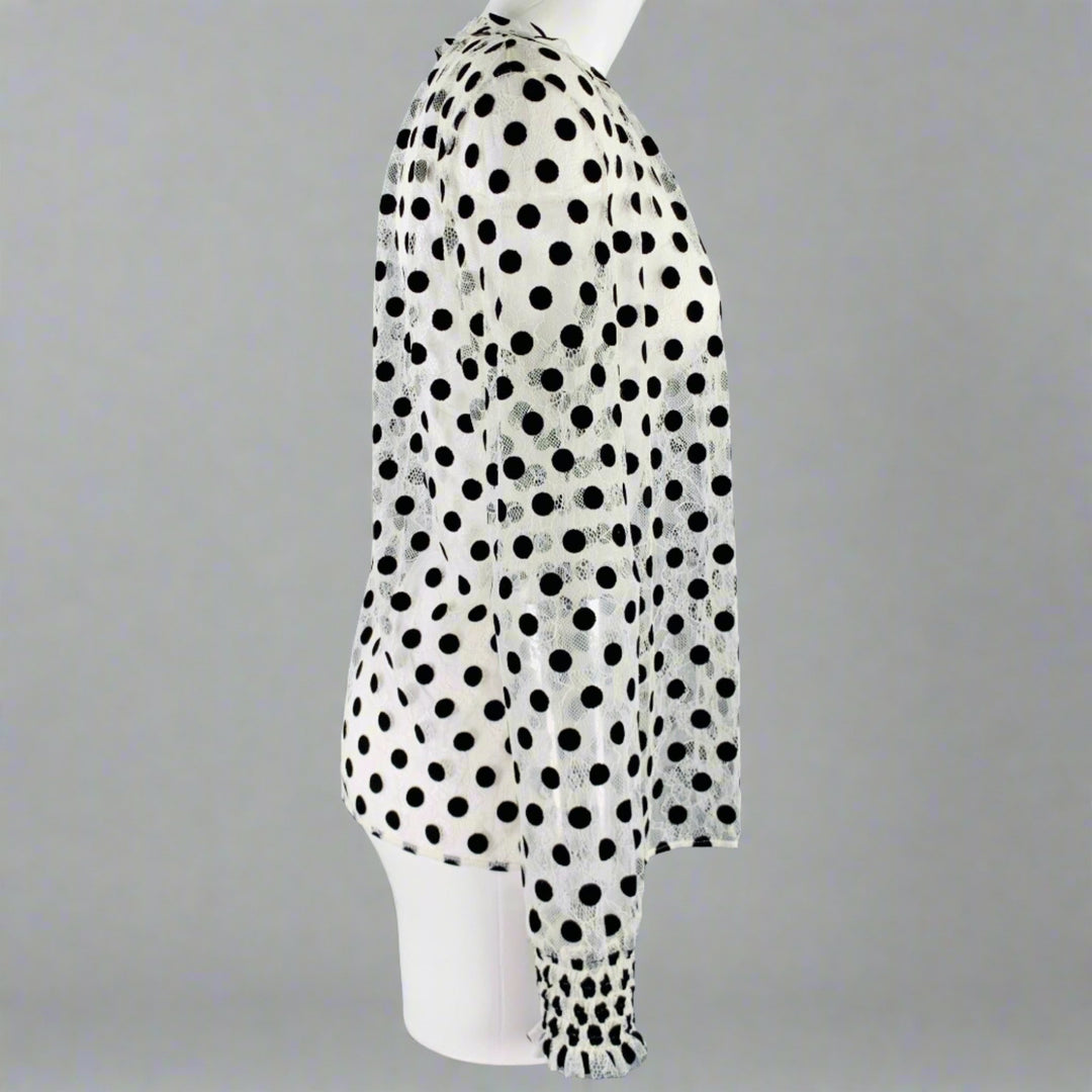 AKRIS Size 8 White Black Viscose Nylon Dots Long Sleeve Blouse