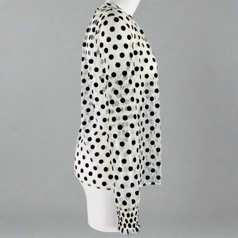 AKRIS Size 8 White Black Viscose Nylon Dots Long Sleeve Blouse