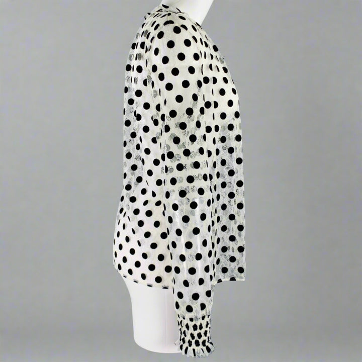 AKRIS Size 8 White Black Viscose Nylon Dots Long Sleeve Blouse