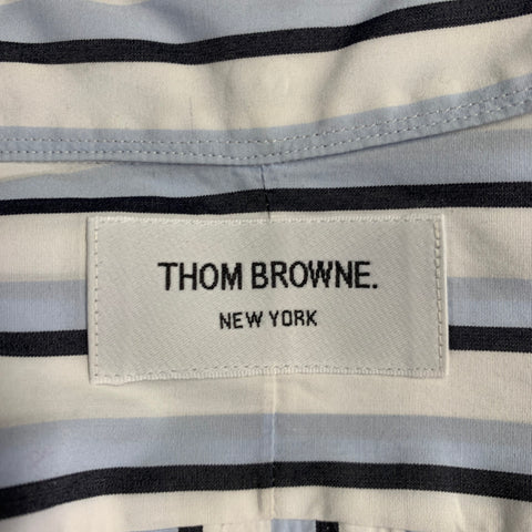 THOM BROWNE Size L White Black Blue Stripe Cotton One Pocket Long Sleeve Shirt