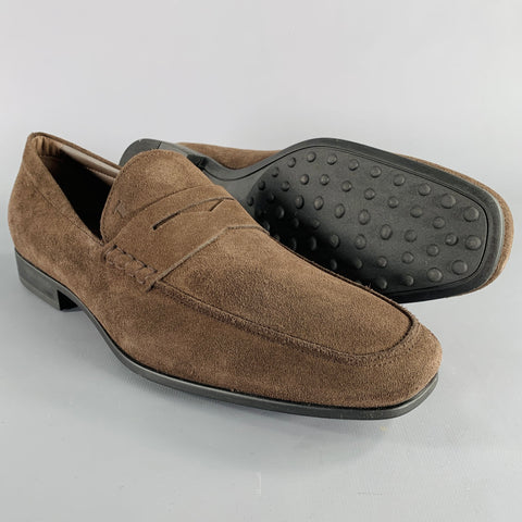 TOD'S Size 10.5 Dark Brown Suede Penny Slip On Loafers
