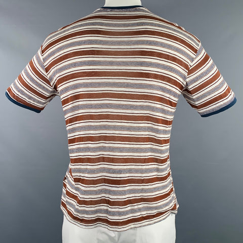 OUT/FIT Size XL Brown White Navy Stripe Linen Crew Neck T-shirt