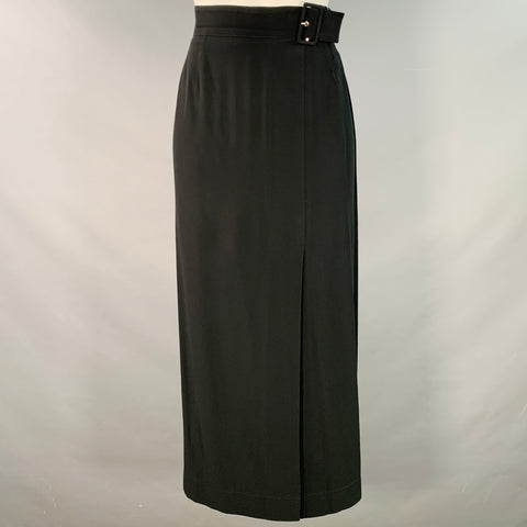 COURREGES Vintage Size 8 Black Polyamide Faux Belted Side Zipper Long Skirt