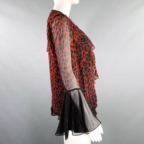 TOM FORD Size 4 Black Burgundy Silk Animal Print Ruffle Blouse