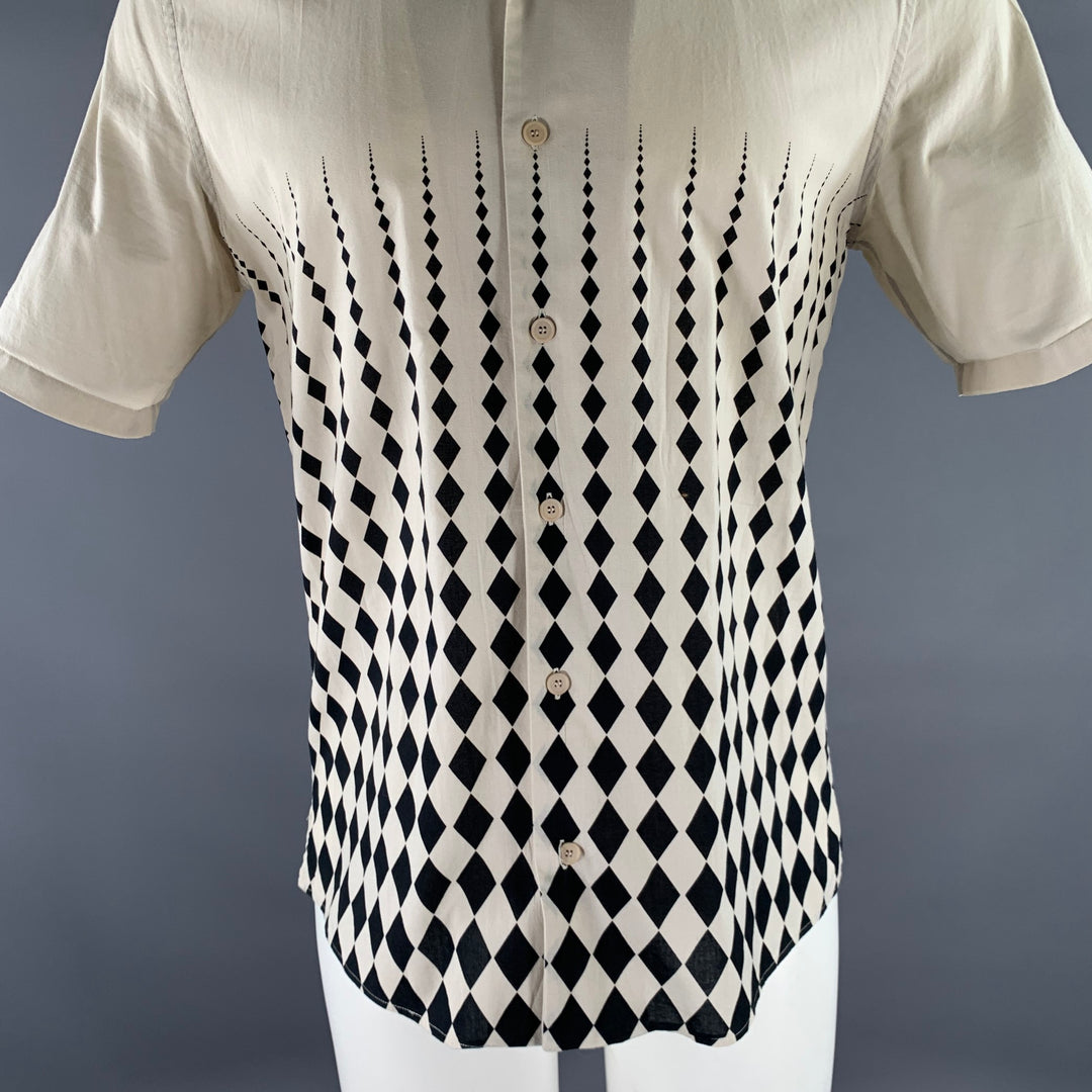 BOTTEGA VENETA Size S Khaki Black Checkered Cotton Camp Short Sleeve Shirt