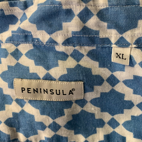 PENINSULA Size XL Blue White Geometric Linen Long Sleeve Shirt