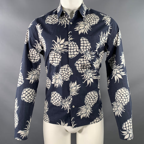 VALENTINO Size M Navy White Pineapple Print Cotton Button Up Long Sleeve Shirt