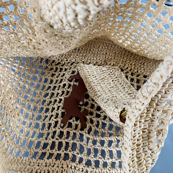 YVES SAINT LAURENT Icare Maxi Gold Natural Crochet Raffia Logo Tote Handbag