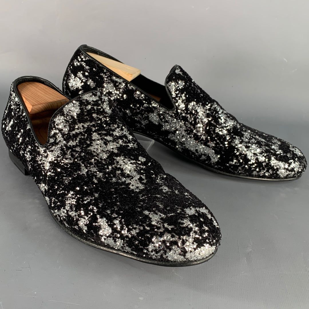JIMMY CHOO Size 11 Velvet Glitter Devore Sloan Black Silver Slip On Loafers