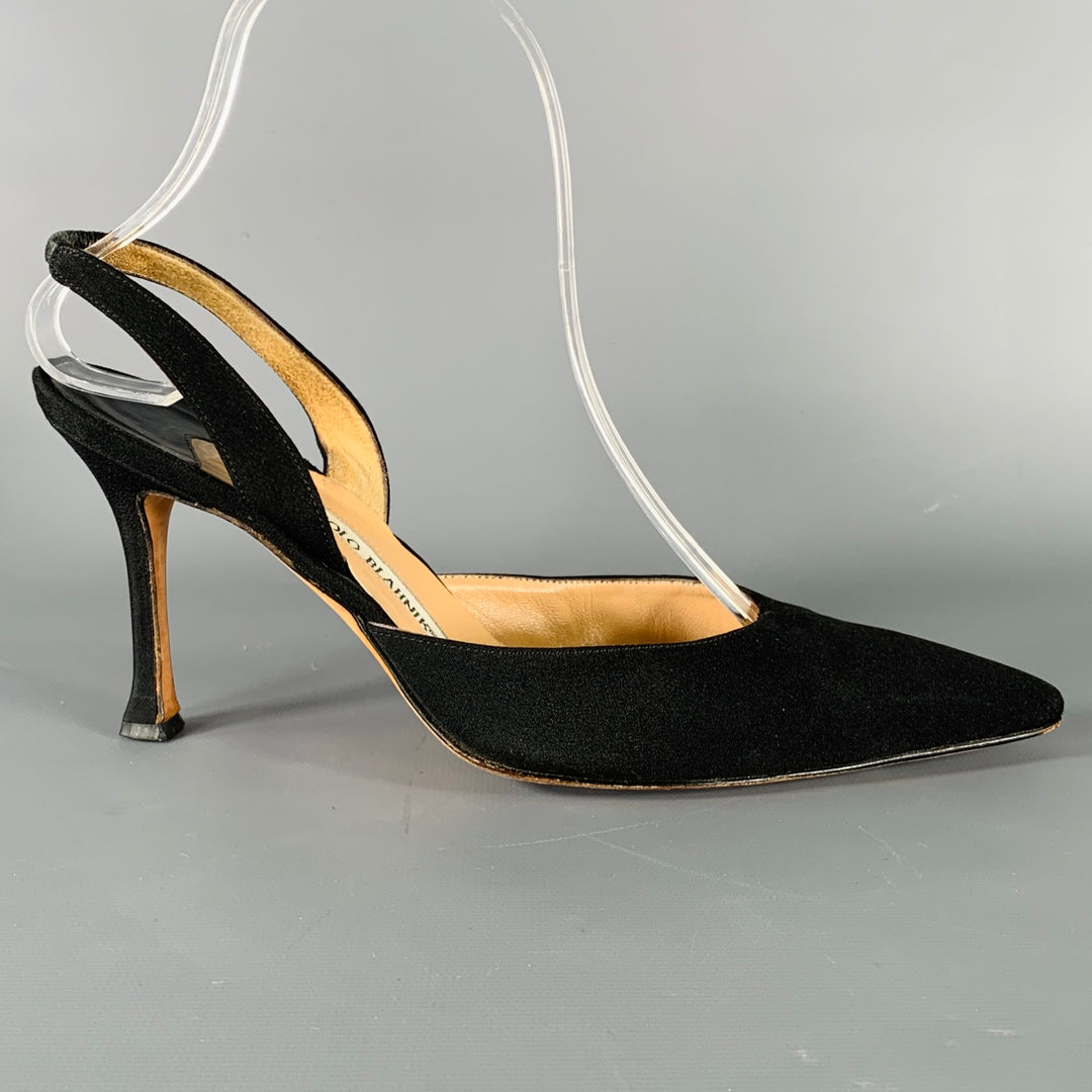 MANOLO BLAHNIK Size 7.5 Black Fabric Slingback Pumps