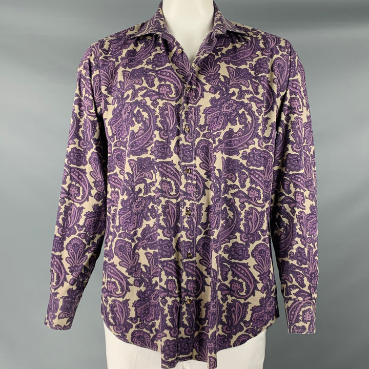 ETRO Camisa de manga larga con botones en mezcla de algodón paisley color morado caqui talla L