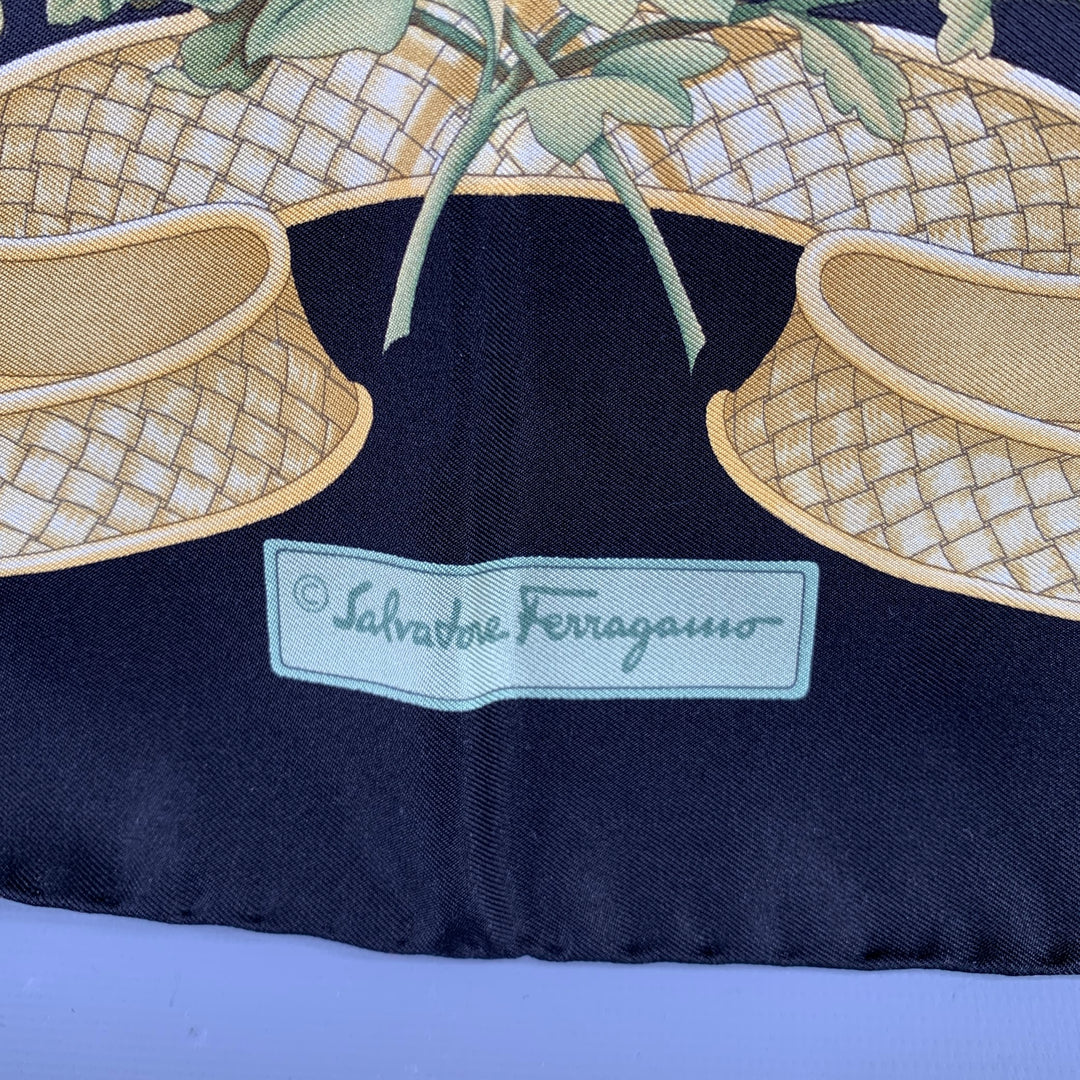 SALVATORE FERRAGAMO Black Yellow Green Birds Silk Scarf