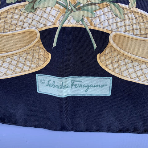 SALVATORE FERRAGAMO Black Yellow Green Birds Silk Scarf