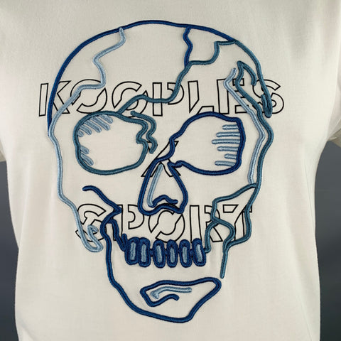 KOOPLES x SPORT Size L White Blue Embroidery Skull Short Sleeve Crew Neck T-shirt